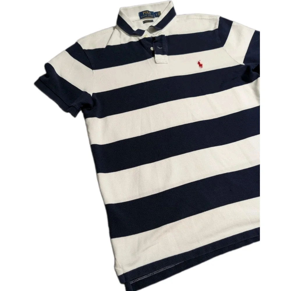 Polo Ralph Lauren Custom Slim Fit Polo Shirt Mens Large Rugby Stripe White Navy